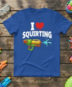 I Love Squiring T-Shirt with a red heart and a green and yellow water gun shooting blue water