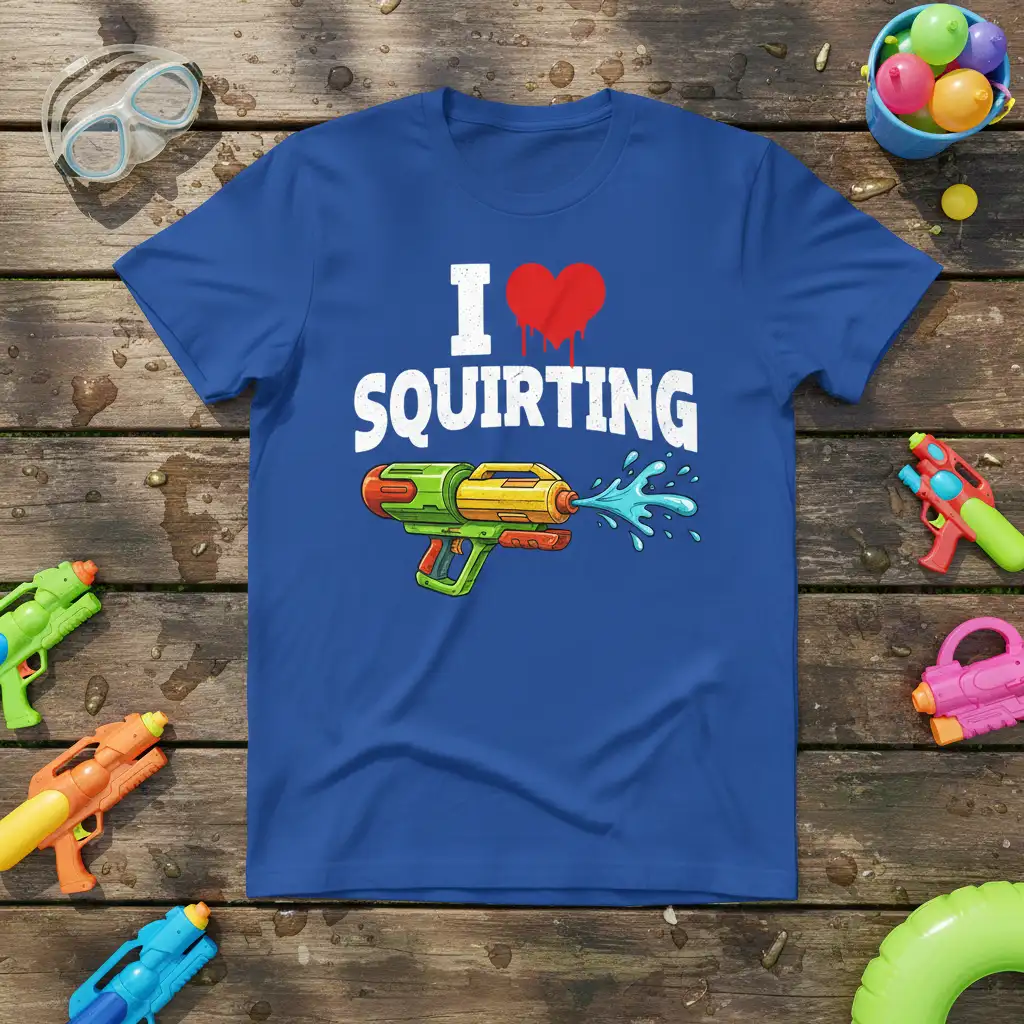 I Love Squiring text with dripping heart and water gun graphic on blue t-shirt