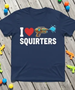 Navy blue t-shirt with white text "I Love Squirters" and a graphic of a water gun spraying water