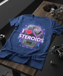 I Love Steroids T-Shirt with red heart and futuristic heart graphic, workout motivation design
