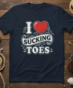 I Love Sucking Toes t-shirt with a red heart graphic and vintage-style typography