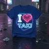 I Love Taki t-shirt with a neon-style electronic heart and text, presented on a blue shirt