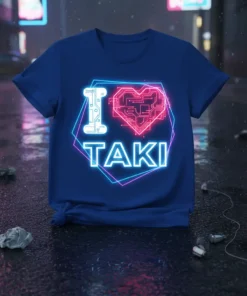 I Love Taki t-shirt with a neon-style electronic heart and text, presented on a blue shirt