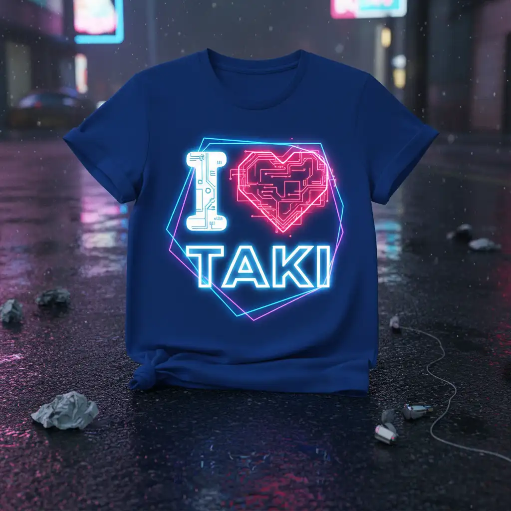 I Love Taki text with electronic circuit heart graphic on blue t-shirt design