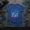 T-shirt with neon text "i love TALKING TO MYSELF she gets me" in a geometric design