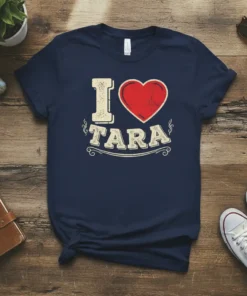 I Love Tara heart t-shirt design with distressed vintage font and red heart graphic