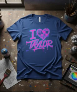 I Love Taylor graffiti design on a navy t-shirt with a pixelated heart graphic and pink and blue spray paint