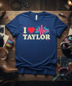 Navy blue t-shirt with "I Love Taylor" text, a red heart, and a neon heartbeat graphic