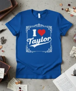 Blue t-shirt with "I Love Taylor" text and a red heart inside a decorative frame