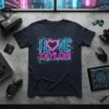 I LOVE TAYLOR text with a neon pink heart graphic on a navy t-shirt, presented in a retro-futuristic neon style