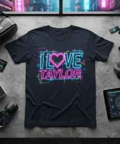 I LOVE TAYLOR text with a neon pink heart graphic on a navy t-shirt, presented in a retro-futuristic neon style
