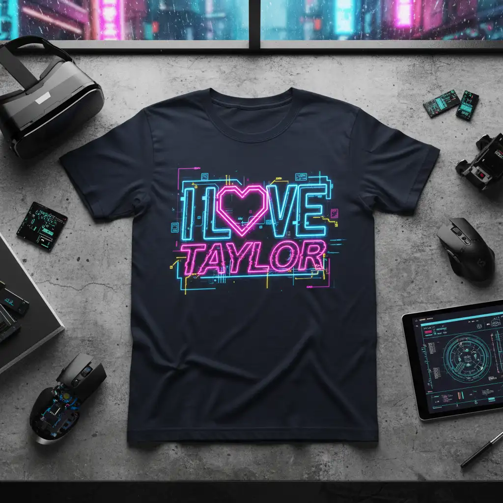 I LOVE TAYLOR neon sign style graphic with a pink heart, perfect for Swiftie fans