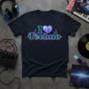 I Love Techno t-shirt design with a polygonal heart and heartbeat graphic in neon colors