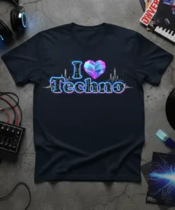 I Love Techno t-shirt design with a polygonal heart and heartbeat graphic in neon colors