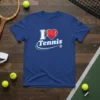 Blue t-shirt with "I Love Tennis" text, featuring a red heart with tennis ball details and a tennis racquet graphic