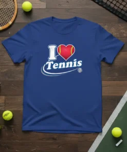 Blue t-shirt with "I Love Tennis" text, featuring a red heart with tennis ball details and a tennis racquet graphic