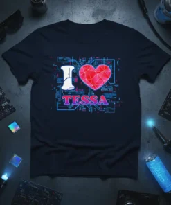 I Love Tessa T-Shirt with a red geometric heart and circuit board background, perfect for Tessa's gift