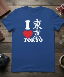 I Love Tokyo T-Shirt with red heart and Japanese characters, blue tee design