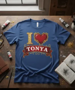 I Love Tonya text design with a red heart and decorative banner on a blue t-shirt