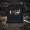 I Love Tools t-shirt design featuring white "I", a red heart, and "Tools" with a collection of various hand tools