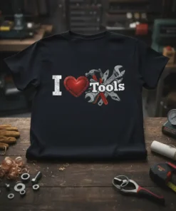 I Love Tools t-shirt design featuring white "I", a red heart, and "Tools" with a collection of various hand tools