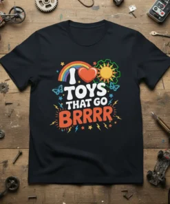 T-shirt with "I LOVE TOYS THAT GO BRRRR" text and colorful graphics including a rainbow, heart, sun, and butterflies