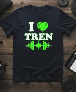 Black t-shirt with white text "I Love TREN" and green heart and dumbbell graphic, representing gym and workout themes