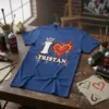 Blue t-shirt with "I Love Tristan" design featuring a white "I", a flaming red heart, and the name Tristan in