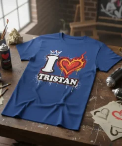 Blue t-shirt with "I Love Tristan" design featuring a white "I", a flaming red heart, and the name Tristan in