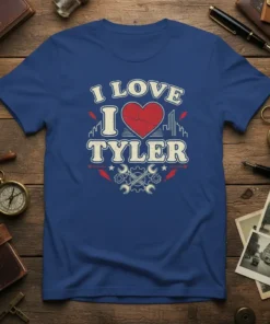 I Love Tyler T-Shirt with red heart, city skyline, and wrench graphics. Text reads "I LOVE TYLER"