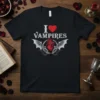 I Love Vampires t-shirt design with a red heart, gothic font, and bat wings surrounding a human heart graphic
