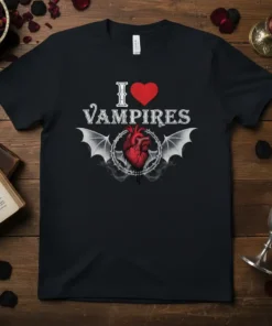 I Love Vampires t-shirt design with a red heart, gothic font, and bat wings surrounding a human heart graphic