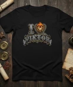 I Love Viktor name t-shirt with lion graphic and ornate border. Design features "I LOVE" text above "VIKTOR" name