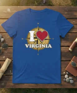 I Love Virginia t-shirt with a vintage compass graphic and bold typography