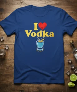 I Love Vodka T-Shirt with a red heart and a shot glass design, celebrating vodka lovers