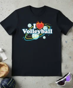 I Love Volleyball T-Shirt with flaming heart and dynamic volleyball graphics