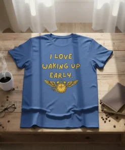 I Love Waking Up Early text with a winged alarm clock graphic on a blue t-shirt