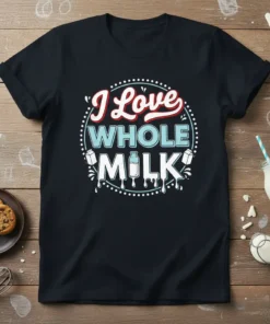 I Love WHOLE MILK text design with milk bottles and splashes on a black t-shirt