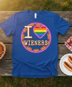 Blue t-shirt with "I Love Wieners" text, a rainbow heart, and hot dog graphics, part of a pride collection