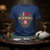 I Love Winning text with a heart and a lion crest on a blue t-shirt, symbolizing victory and gambling