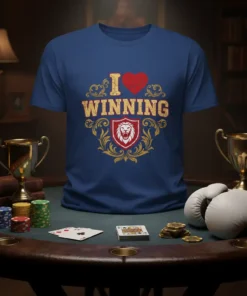 I Love Winning text with a heart and a lion crest on a blue t-shirt, symbolizing victory and gambling