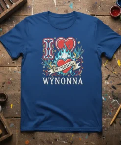 I Love Wynonna heart tattoo design t-shirt with flames and swallows, bold white lettering