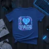 I Love Yaoi text with a geometric heart graphic on a royal blue t-shirt