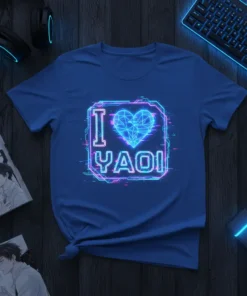 I Love Yaoi text with a geometric heart graphic on a royal blue t-shirt