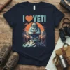 I Love Yeti t-shirt design featuring a Bigfoot holding a coffee mug on a mountain peak, with text and sunset