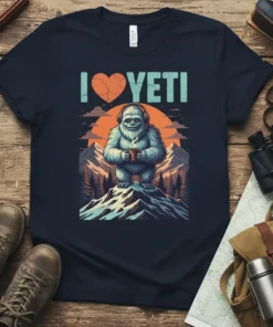 I Love Yeti t-shirt design featuring a Bigfoot holding a coffee mug on a mountain peak, with text and sunset