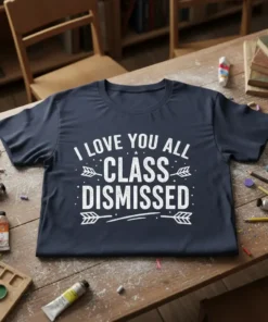 White text "I Love You All Class Dismissed" with arrow graphics on a navy blue t-shirt