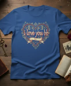 I love you bb text inside a decorative heart graphic on a blue t-shirt