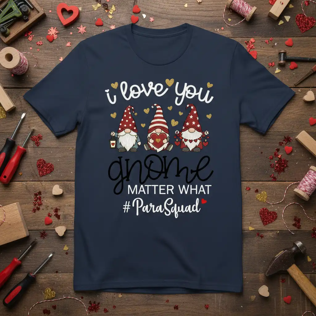 I love you gnome matter what #ParaSquad design featuring three gnomes and Valentine's hearts
