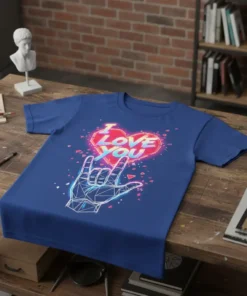 I Love You Hand Sign T-Shirt with neon heart and geometric design